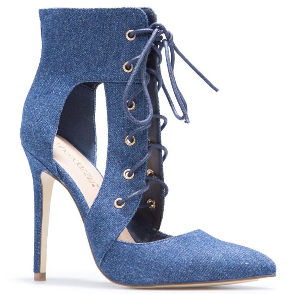 *3/$10* Shoedazzle Latie Stiletto Denim Laceup Booties Blue Size 7.5